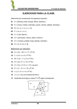 COLEGIO PRE UNIVERSITARIO 6to
Grado de Primaria
EJERCICIOS PARA LA CLASE
Determinar por comprensión los siguiente conjuntos:
01. A = {Ámerica, Asia, Europa, África, Oceanía }
02. E = { lunes, martes, miércoles, jueves, viernes, sábado, domingo }
03. B = { c, a, r, l, o, s, v, i, d}
04. F = { a, e, i, o, u }
05. C = { rojo, blanco }
06. G = { primavera, verano, otoño, invierno }
07. D = { monera, protista, fungi, plantae, animalia }
08. R = { 3, 4, 5, 6, 7, 8}
Determinar por extensión:
09. K = { 2x – 3/2 < x < 7; x N }
10. L = { x/1 < x < 5; x N }
11. M = { 3x + 1 / x < 5; x N }
12. N = { 5x / 4 < x < 9; x N }
13. H = { 5x + 2 / 9 < x < 15; x es par }
14. P = { x2
/ 2 < x < 10; x N }
15. I = { x3
/ 3 < x < 5; x N }
16. J = { x / x es una moneda del Perú }
17. Guiándote de la figura, coloca o según corresponda:
A
B
C
1
7
6 2
3
1 0
4
8
95
Aritmética 44
 