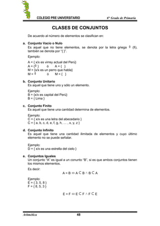 COLEGIO PRE UNIVERSITARIO 6to
Grado de Primaria
CLASES DE CONJUNTOS
De acuerdo al número de elementos se clasifican en:
a. Conjunto Vacío o Nulo
Es aquel que no tiene elementos, se denota por la letra griega (fi),
también se denota por “{ }”.
Ejemplo:
A = { x/x es virrey actual del Perú}
A = { } ó A = { }
M = {x/x es un perro que habla}
M = ó M = { }
b. Conjunto Unitario
Es aquel que tiene uno y sólo un elemento.
Ejemplo:
B = {x/x es capital del Perú}
B = { Lima }
c. Conjunto Finito
Es aquel que tiene una cantidad determina de elementos.
Ejemplo:
C = { x/x es una letra del abecedario }
C = { a, b, c, d, e, f, g, h, … , x, y, z }
d. Conjunto Infinito
Es aquel que tiene una cantidad ilimitada de elementos y cuyo último
elemento no se puede señalar.
Ejemplo:
D = { x/x es una estrella del cielo }
e. Conjuntos Iguales
Un conjunto “A” es igual a un conunto “B”, si es que ambos conjuntos tienen
los mismos elementos.
Es decir:
A = B  A B B A
Ejemplo:
E = { 3, 5, 8 }
F = { 8, 5, 3 }
E = F  E F F E
Aritmética 48
 