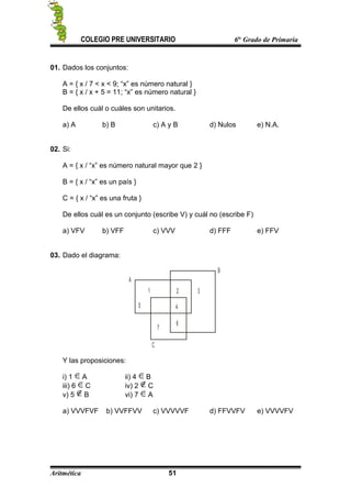 COLEGIO PRE UNIVERSITARIO 6to
Grado de Primaria
01. Dados los conjuntos:
A = { x / 7 < x < 9; “x” es número natural }
B = { x / x + 5 = 11; “x” es número natural }
De ellos cuál o cuáles son unitarios.
a) A b) B c) A y B d) Nulos e) N.A.
02. Si:
A = { x / “x” es número natural mayor que 2 }
B = { x / “x” es un país }
C = { x / “x” es una fruta }
De ellos cuál es un conjunto (escribe V) y cuál no (escribe F)
a) VFV b) VFF c) VVV d) FFF e) FFV
03. Dado el diagrama:
1
5
2
4
6
7
3
B
A
C
Y las proposiciones:
i) 1 A ii) 4 B
iii) 6 C iv) 2 C
v) 5 B vi) 7 A
a) VVVFVF b) VVFFVV c) VVVVVF d) FFVVFV e) VVVVFV
Aritmética 51
 