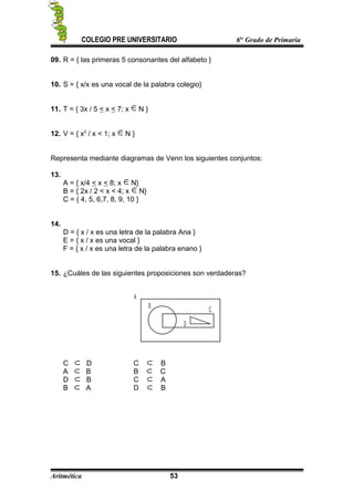 COLEGIO PRE UNIVERSITARIO 6to
Grado de Primaria
09. R = { las primeras 5 consonantes del alfabeto }
10. S = { x/x es una vocal de la palabra colegio}
11. T = { 3x / 5 < x < 7; x N }
12. V = { x2
/ x < 1; x N }
Representa mediante diagramas de Venn los siguientes conjuntos:
13.
A = { x/4 < x < 8; x N}
B = { 2x / 2 < x < 4; x N}
C = { 4, 5, 6,7, 8, 9, 10 }
14.
D = { x / x es una letra de la palabra Ana }
E = { x / x es una vocal }
F = { x / x es una letra de la palabra enano }
15. ¿Cuáles de las siguientes proposiciones son verdaderas?
A
B
C
D
C D C B
A B B C
D B C A
B A D B
Aritmética 53
 