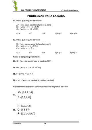 COLEGIO PRE UNIVERSITARIO 6to
Grado de Primaria
PROBLEMAS PARA LA CASA
01. Indica que conjunto es unitario
A = { x / x es un satélite natural de la tierra }
B = { x / 5x – 7 = 13; x N}
C = { x / 8 < x < 10; x N}
a) A b) C c) B d) B y C e) A y B
02. Indica que conjunto es vacio.
D = { x / x es una vocal de la palabra sol }
E = { x / 8 < x < 9; x N }
F = { x / 2x = 1; x N }
a) D b) F c) E d) E y F e) D y E
Hallar el conjunto potencia de:
03. G = { x / x es una letra de la palabra JUAN }
04. H = { x / 9x – 12 = 15; x N }
05. I = { x2
/ x < 4; x N }
06. J = { x / x es una vocal de la palabra camino }
Representa los siguientes conjuntos mediante diagramas de Venn:
07.



=
=
},,,{
},,,,{
ocasN
oisacM
08.





=
=
=
}7,6,5,4,3,2,1{
}7,6,5,4{
}5,4,3,2,1{
R
Q
P
Aritmética 54
 