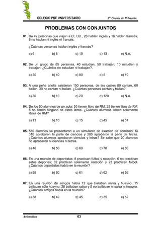 COLEGIO PRE UNIVERSITARIO 6to
Grado de Primaria
PROBLEMAS CON CONJUNTOS
01. De 42 personas que viajan a EE.UU., 28 hablan inglés y 16 hablan francés;
8 no hablan ni inglés ni francés.
¿Cuántas personas hablan inglés y francés?
a) 6 b) 8 c) 10 d) 13 e) N.A.
02. De un grupo de 85 personas, 40 estudian, 50 trabajan; 10 estudian y
trabajan; ¿Cuántos no estudian ni trabajan?.
a) 30 b) 40 c) 80 d) 5 e) 10
03. A una peña criolla asistieron 150 personas, de las cuales 80 cantan, 60
bailan, 30 no cantan ni bailan. ¿Cuántas personas cantan y bailan?.
a) 30 b) 10 c) 20 d) 120 e) N.A.
04. De los 50 alumnos de un aula: 30 tienen libro de RM, 25 tienen libro de RV;
5 no tienen ninguno de éstos libros. ¿Cuántos alumnos tienen solamente
libros de RM?
a) 13 b) 10 c) 15 d) 45 e) 57
05. 550 alumnos se presentaron a un simulacro de examen de admisión. Si
310 aprobaron la parte de ciencias y 280 aprobaron la parte de letras.
¿Cuántos alumnos aprobaron ciencias y letras? Se sabe que 20 alumnos
no aprobaron ni ciencias ni letras.
a) 40 b) 50 c) 60 d) 70 e) 80
06. En una reunión de deportistas; 8 practican futbol y natación; 6 no practican
estos deportes; 32 practican solamente natación y 23 practican fútbol.
¿Cuántos deportistas había en la reunión?
a) 55 b) 60 c) 61 d) 62 e) 59
07. En una reunión de amigos había 12 que bailaban salsa y huayno, 15
bailaban sólo huayno, 20 bailaban salsa y 5 no bailaban ni salsa ni huayno.
¿Cuántos amigos había en la reunión?
a) 38 b) 40 c) 45 d) 35 e) 52
Aritmética 63
 