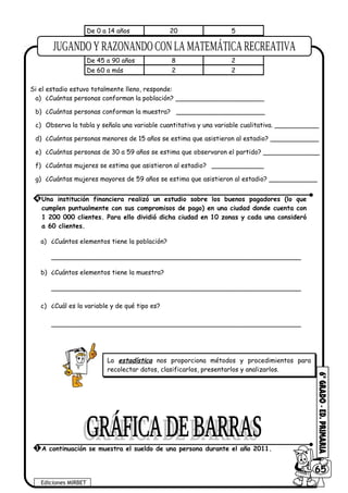 De 0 a 14 años 20 5
De 15 a 29 años 40 8
De 30 a 40 años 10 3
De 45 a 90 años 8 2
De 60 a más 2 2
Si el estadio estuvo totalmente lleno, responde:
a) ¿Cuántas personas conforman la población? ______________________
b) ¿Cuántas personas conforman la muestra? ______________________
c) Observa la tabla y señala una variable cuantitativa y una variable cualitativa. ___________
d) ¿Cuántas personas menores de 15 años se estima que asistieron al estadio? ____________
e) ¿Cuántas personas de 30 a 59 años se estima que observaron el partido? ______________
f) ¿Cuántas mujeres se estima que asistieron al estadio? _____________
g) ¿Cuántas mujeres mayores de 59 años se estima que asistieron al estadio? ____________
a) ¿Cuántos elementos tiene la población?
______________________________________________________________
b) ¿Cuántos elementos tiene la muestra?
______________________________________________________________
c) ¿Cuál es la variable y de qué tipo es?
______________________________________________________________
4 Una institución financiera realizó un estudio sobre los buenos pagadores (lo que
cumplen puntualmente con sus compromisos de pago) en una ciudad donde cuenta con
1 200 000 clientes. Para ello dividió dicha ciudad en 10 zonas y cada una consideró
a 60 clientes.
La estadística nos proporciona métodos y procedimientos para
recolectar datos, clasificarlos, presentarlos y analizarlos.
La estadística nos proporciona métodos y procedimientos para
recolectar datos, clasificarlos, presentarlos y analizarlos.
Ediciones MIRBET
6065
1 A continuación se muestra el sueldo de una persona durante el año 2011.
 