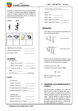 “FORMAMOS CON VALORES PARA LA VIDA”
I.E.P.
DANIEL GOLEMAN
I BIM – ARITMETICA – 6to prim
manjares se convertirán en cenizas, usa sabiamente
tu deseo” y diciendo estas palabras desapareció.
¿Cuál es la mayor cantidad de jarras y platos de
manjares que podrán obtener Jotar y su alumno sin
que se conviertan en cenizas?
Alumno Jotar
¿Qué base se ha utilizado? _____________
¿Cuál es la mayor cifra? _____________
¿Y la menor cifra? _____________
EN GENERAL:
 Si la base es n:
 Mayor cifra a utilizar: _____________
 Menor cifra a utilizar: _____________
 “n” tiene que ser un _____________ entero y
mayor ______________
 Las cifras son ______________ que la base.
Ejemplo:
- Si la base es 4:
La mayor cifra será: _____________
La menor cifra será: _____________
El mayor número de 2 cifras es : _________
El menor número de 2 cifras es : _________
- Si la base es 8:
La mayor cifra será: _____________
La menor cifra será: _____________
El mayor número de 3 cifras es : _________
El menor número de 3 cifras es : _________
- Base 12:
Mayor cifra: _____________
Menor cifra: _____________
Mayor número de 3 cifras: _____________
Menor número de 3 cifras: _____________
OBSERVACIÓN
 Todo número entre paréntesis representa una
sola cifra excepto la base:
 4 (12) 8 (13)
tiene 3 cifras y no 4
1 cifra
1 cifra
1 cifra
 7 (16) (13) 6 (20)
tiene 4 cifras y no 6
1 cifra
1 cifra
1 cifra
1 cifra
 Cuando se quiere representar un número y no se
conocen las cifras se utilizan letras del alfabeto
y una barra encima de las cifras. Ejemplo:
Un número de 3 cifras: abc
Un número de 4 cifras en base 5 )
5
(
abcd
abc  abc
abc es un número de 3 cifras
abc = a x b x c
 CONVERSIÓN DE UN NÚMERO EN BASE “n”
A BASE 10
Nos encontramos nuevamente en la cueva del
espíritu avaro y Jotar ha logrado salir sano y
salvo con 2 rubíes y 2 lingotes de oro que era lo
máximo que podía cargar sin que muriera en la
cueva. También ingresó a la cueva el alumno de
Jotar y salió de la cueva cargando 2 rubíes, 2
estrellas y 2 lingotes que también era lo máximo
que podía cargar sin que muriera. ¿Cuántos kg.
de joyas cargó Jotar y su alumno?
 