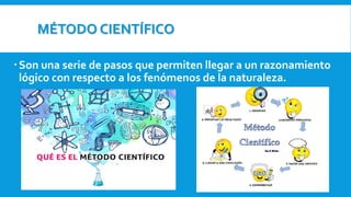MÉTODO CIENTÍFICO
Son una serie de pasos que permiten llegar a un razonamiento
lógico con respecto a los fenómenos de la naturaleza.
 