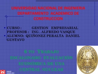 UNIVERSIDAD NACIONAL DE INGENIERIA
        DEPARTAMENTO ACADEMICO DE
                CONSTRUCCION

 CURSO :    GESTION EMPRESARIAL
  PROFESOR : ING . ALFREDO VASQUE
 ALUMNO: QUIÑONEZ PERALTA DANIEL
  GUSTAVO


             6 TO TRABAJO
     ESCALONADO EVALUACIÓN
        ECONÓMICA DE UNA
 USACE
        CENTRAL NUCLEAR
 CEIWR-HEC
 