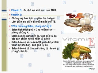 + Vitamin D: c ch s sinh s n c a TB K.Ứ ế ự ả ủ
+ Vitamin E:
- Ch ng oxy hóa lipid →gi m h h i genố ả ư ạ
- Làm gi m s bi n d nhi m s c th TB.ả ự ế ị ễ ắ ể
+ TPCN b sung Selen, phòng ch ng Kổ ố
- Selen kích thích ph n ng mi n d chả ứ ễ ị →
phòng ch ng K.ố
- Selen có kh năng b t gi các g c t do,ả ắ ữ ố ự
các s n ph m này là nhân t gây Kả ẩ ố
- Selen b o v k t c u AND, phân t proteinả ệ ế ấ ử
tránh s phá ho i c a g c t do.ự ạ ủ ố ự
- Selen b o v t bào mô không b t n côngả ệ ế ị ấ
c a g c t do.ủ ố ự
 