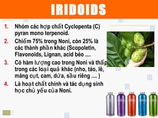 Hot Tip
1. Nhóm các h p ch t Cyclopenta (C)ợ ấ
pyran mono terpenoid.
2. Chi m 75% trong Noni, còn 25% làế
các thành ph n khác (Scopoletin,ầ
Flavonoids, Lignan, acid béo ....
3. Có hàm l ng cao trong Noni và th pượ ấ
trong các lo i qu khác (nho, táo, lê,ạ ả
măng c t, cam, d a, s u riêng .... )ụ ứ ầ
4. Là ho t ch t chính và tác d ng sinhạ ấ ụ
h c ch y u c a Noni.ọ ủ ế ủ
IRIDOIDS
 