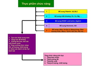 Thực phẩm chức năngThực phẩm chức năng
1.1. Tạo sức khỏe sung mãnTạo sức khỏe sung mãn
2.2. Tăng sức đề khángTăng sức đề kháng
3.3. Chống lão hóa, kéo dàiChống lão hóa, kéo dài
tuổi thanh xuântuổi thanh xuân
4. Tăng cường chức năng:4. Tăng cường chức năng:
SX, số lượng, chất lượngSX, số lượng, chất lượng
5. Giảm các bệnh và tác hại5. Giảm các bệnh và tác hại
bệnh tậtbệnh tật
Tăng chức năng sinh dụcTăng chức năng sinh dục
1.1. Tăng ham muốnTăng ham muốn
2.2. Tăng cường độTăng cường độ
3.3. Tăng tần xuấtTăng tần xuất
4.4. Tăng số lượng, chất lượngTăng số lượng, chất lượng
11 Bổ sung Vitamin: A,E,B,CBổ sung Vitamin: A,E,B,C
22 Bổ sung chất khoáng: Zn, Ca, Mg …Bổ sung chất khoáng: Zn, Ca, Mg …
Bổ sung HCSH: acid amin, ArgininBổ sung HCSH: acid amin, Arginin33
44 Bổ sung Hormone, AOBổ sung Hormone, AO
55
Bổ sung: Sâm, hà thủ ô, Đông trùng, DâmBổ sung: Sâm, hà thủ ô, Đông trùng, Dâm
dương hoắc, Maca, Tật lê, Hải cẩu, Hải mã…dương hoắc, Maca, Tật lê, Hải cẩu, Hải mã…
 