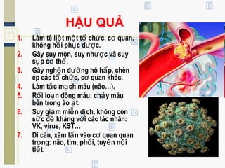 HẬU QUẢ
1. Làm tê li t m t t ch c, c quan,ệ ộ ổ ứ ơ
không h i ph c đ c.ồ ụ ượ
2. Gây suy mòn, suy nh c và suyượ
s p c th .ụ ơ ể
3. Gây ngh n đ ng hô h p, chènẽ ườ ấ
ép các t ch c, c quan khác.ổ ứ ơ
4. Làm t c m ch máu (não…).ắ ạ
5. R i lo n đông máu: ch y máuố ạ ả
bên trong ào t.ạ
6. Suy gi m mi n d ch, không cònả ễ ị
s c đ kháng v i các tác nhân:ứ ề ớ
VK, virus, KST…
7. Di căn, xâm l n vào c quan quanấ ơ
tr ng: não, tim, ph i, tuy n n iọ ổ ế ộ
ti t.ế
 