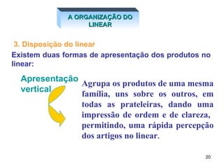 3. Disposição do linear Agrupa os produtos de uma mesma família, uns sobre os outros, em todas as prateleiras, dando uma impressão de ordem e de clareza,  permitindo, uma rápida percepção dos artigos no linear .  A ORGANIZAÇÃO DO LINEAR Existem duas formas de apresentação dos produtos no linear:  Apresentação vertical 