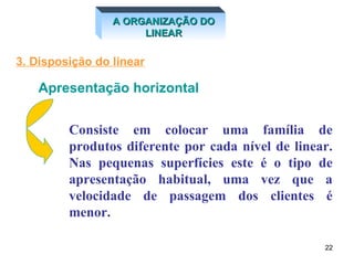 3. Disposição do linear A ORGANIZAÇÃO DO LINEAR Consiste em colocar uma família de produtos diferente por cada nível de linear. Nas pequenas superfícies este é o tipo de apresentação habitual, uma vez que a velocidade de passagem dos clientes é menor. Apresentação horizontal 
