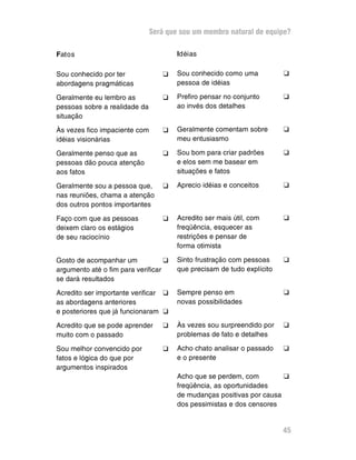 Será que sou um membro natural de equipe?

Fatos                                  Idéias

Sou conhecido por ter             q    Sou conhecido como uma           q
abordagens pragmáticas                 pessoa de idéias

Geralmente eu lembro as           q    Prefiro pensar no conjunto       q
pessoas sobre a realidade da           ao invés dos detalhes
situação

Às vezes fico impaciente com      q    Geralmente comentam sobre        q
idéias visionárias                     meu entusiasmo

Geralmente penso que as           q    Sou bom para criar padrões       q
pessoas dão pouca atenção              e elos sem me basear em
aos fatos                              situações e fatos

Geralmente sou a pessoa que,      q    Aprecio idéias e conceitos       q
nas reuniões, chama a atenção
dos outros pontos importantes

Faço com que as pessoas           q    Acredito ser mais útil, com      q
deixem claro os estágios               freqüência, esquecer as
de seu raciocínio                      restrições e pensar de
                                       forma otimista

Gosto de acompanhar um             q   Sinto frustração com pessoas     q
argumento até o fim para verificar     que precisam de tudo explícito
se dará resultados

Acredito ser importante verificar q    Sempre penso em                  q
as abordagens anteriores               novas possibilidades
e posteriores que já funcionaram q

Acredito que se pode aprender     q    Às vezes sou surpreendido por    q
muito com o passado                    problemas de fato e detalhes

Sou melhor convencido por         q    Acho chato analisar o passado    q
fatos e lógica do que por              e o presente
argumentos inspirados
                                       Acho que se perdem, com         q
                                       freqüência, as oportunidades
                                       de mudanças positivas por causa
                                       dos pessimistas e dos censores


                                                                        45
 