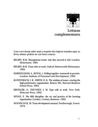 Leituras
                                         complementares



Caso você deseje saber mais a respeito dos tópicos tratados aqui, os
livros abaixo podem ser um bom começo.

BELBIN, R.M. Management teams: why they succeed or fail. London,
     Heinemann, 1981.
BELBIN, R.M. Team roles at work. Oxford, Butterworth-Heinemann,
     1993.
HARDINGHAM, A., ROYAL, J. Pulling together: teamwork in practice.
    London, Institute of Personnel and Development, 1994.
KATZENBACH, J. R., SMITH, D. K. The wisdom of teams: creating the
    high-performance organisation. Boston MA, Harvard Business
    School Press, 1993.
KROEGER, O., THUNSEN, J. M. Type talk at work. New York,
    Delacorte Press, 1992.
SENGE, P. The fifth discipline: the art and practice of the learning
    organisation. London, Century Business, 1992.
WOODCOCK, M. Team development manual. Farnborough, Gower,
   1979.




                                                                 61
 