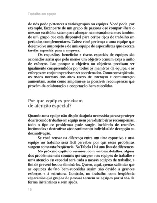 Trabalho em equipe
10
de nós pode pertencer a vários grupos ou equipes. Você pode, por
exemplo, fazer parte de um grupo de pessoas que compartilhem o
mesmo escritório, saiam para almoçar na mesma hora, mas também
de um grupo que está disponível para certos tipos de trabalho em
períodos complementares. Talvez você pertença a uma equipe que
desenvolve um projeto e de uma equipe de especialistas que executa
tarefas especiais para a empresa.
Os requisitos, benefícios e riscos especiais de equipes são
acionados assim que pelo menos um objetivo comum exija a união
de esforços. Isso porque o objetivo ou objetivos precisam ser
igualmente compreendidos por todos os membros da equipe, e os
esforçosemconjuntoprecisamsercoordenados.Comoconseqüência,
os riscos normais dos altos níveis de interação e comunicação
aumentam, assim como ampliam-se as possíveis recompensas que
provêm da colaboração e cooperação bem-sucedidas.
Por que equipes precisam
de atenção especial?
Quando uma equipe não dispõe da ajuda necessária para se proteger
dosriscosdotrabalhoemequipenemparadistribuirasrecompensas,
todo o tipo de problemas pode surgir, incluindo de reuniões
incômodas e destrutivas até o sentimento individual de decepção ou
desmotivação.
Se você pensar na diferença entre um time esportivo e uma
equipe no trabalho será fácil perceber por que esses problemas
surgemcomtantafreqüência. NaTabela1háumalistadediferenças.
No próximo capítulo veremos, com maiores detalhes, alguns
dos problemas mais comuns que surgem nas equipes de trabalho e
uma atenção em especial será dada a nossas equipes de trabalho, a
fim de preveni-los ou eliminá-los. Quero, aqui, apenas salientar que
as equipes de fato bem-sucedidas assim são devido a grandes
esforços e à estrutura. Contudo, no trabalho, com freqüência
esperamos que grupos de pessoas tornem-se equipes por si sós, de
forma instantânea e sem ajuda.
 