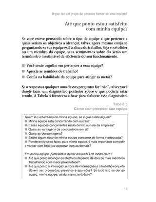 O que faz um grupo de pessoas tornar-se uma equipe?
Até que ponto estou satisfeito
com minha equipe?
Se você esteve pensando sobre o tipo de equipe a que pertence e
quais seriam os objetivos a alcançar, talvez agora mesmo esteja se
perguntando se sua equipe está à altura do trabalho. Seja você o líder
ou um membro da equipe, seus sentimentos sobre ela serão um
termômetro inestimável da eficiência do seu funcionamento.
nn Você sente orgulho em pertencer a essa equipe?
nn Aprecia as reuniões de trabalho?
nn Confia na habilidade da equipe para atingir as metas?
Se a resposta a qualquer uma dessas perguntas for “não”, talvez você
deseje fazer um diagnóstico posterior sobre o que poderia estar
errado. A Tabela 4 fornecerá a base para elaborar esse diagnóstico.
Tabela 3
Como compreender sua equipe
Quem é o adversário de minha equipe, se é que existe algum?
nn Minha equipe está concorrendo com outras?
nn Essas equipes concorrentes estão dentro ou fora da empresa?
nn Quais as vantagens da concorrência em si?
nn Quais as desvantagens?
nn Existe algum risco de minha equipe concorrer de forma inadequada?
nn Ponderando-se os fatos, para minha equipe, é mais importante competir
e vencer com êxito ou cooperar com as demais?
Em minha equipe, precisamos definir as tarefas de modo claro?
nn Até que ponto alcançar os objetivos depende de dois ou mais membros
trabalhando com maior proximidade?
nn Até que ponto a interação, a troca de informações e o trabalho conjunto
devem ser ordenados, previstos e apurados? Se tudo isto se der ao
acaso, minha equipe, ainda assim, terá êxito?
15
 