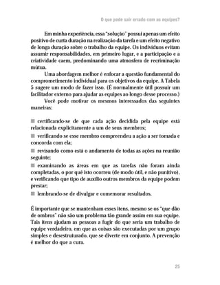 O que pode sair errado com as equipes?
Em minha experiência, essa “solução” possui apenas um efeito
positivo de curta duração na realização da tarefa e um efeito negativo
de longa duração sobre o trabalho da equipe. Os indivíduos evitam
assumir responsabilidades, em primeiro lugar, e a participação e a
criatividade caem, predominando uma atmosfera de recriminação
mútua.
Uma abordagem melhor é enfocar a questão fundamental do
comprometimento individual para os objetivos da equipe. A Tabela
5 sugere um modo de fazer isso. (É normalmente útil possuir um
facilitador externo para ajudar as equipes ao longo desse processo.)
Você pode motivar os mesmos interessados das seguintes
maneiras:
nn certificando-se de que cada ação decidida pela equipe está
relacionada explicitamente a um de seus membros;
nn verificando se esse membro compreendeu a ação a ser tomada e
concorda com ela;
nn revisando como está o andamento de todas as ações na reunião
seguinte;
nn examinando as áreas em que as tarefas não foram ainda
completadas, o por quê isto ocorreu (de modo útil, e não punitivo),
e verificando que tipo de auxílio outros membros da equipe podem
prestar;
nn lembrando-se de divulgar e comemorar resultados.
É importante que se mantenham esses itens, mesmo se os “que dão
de ombros” não são um problema tão grande assim em sua equipe.
Tais itens ajudam as pessoas a fugir do que seria um trabalho de
equipe verdadeiro, em que as coisas são executadas por um grupo
simples e desestruturado, que se diverte em conjunto. A prevenção
é melhor do que a cura.
25
 