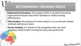 DETERMINING TRAINING NEEDS
• Organizational Analysis, the purpose of this is to determine those
organizational factors that either facilitate or inhibit training
effectiveness.
• Task Analysis, the purpose of a task analysis is to use the job analysis
methods (will discuss later).
• Person Analysis, it is based on the recognition that not every
employee needs further training for every task performed.
 