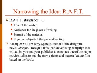 Narrowing the Idea: R.A.F.T.
 R.A.F.T. stands for . . .
 Role of the writer
 Audience for the piece of writing
 Format of the material
 Topic or subject of the piece of writing
 Example: You are Jerry Spinelli, author of the delightful
novel, Stargirl. Design a three-part advertising campaign that
will assist you and your publisher to convince one of the major
movie studios to buy the movie rights and make a feature film
based on the book.
 