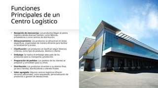 Funciones
Principales de un
Centro Logístico
• Recepción de mercancías: Los productos llegan al centro
logístico desde diversas fuentes, como fábricas,
proveedores o otros centros de distribución.
• Almacenamiento: Los productos se almacenan en áreas
específicas, organizadas de manera eficiente para facilitar
su localización y acceso.
• Clasificación: Los productos se clasifican según diversos
criterios, como tipo de producto, destino o cliente.
• Embalaje: Se realiza el embalaje adecuado de los
productos para su transporte y protección.
• Preparación de pedidos: Los pedidos de los clientes se
preparan y consolidan para su envío.
• Distribución: Los productos se envían a su destino final,
ya sea a tiendas, distribuidores o clientes finales.
• Valor agregado: Algunos centros logísticos ofrecen
servicios adicionales, como etiquetado, personalización de
productos o gestión de devoluciones.
 