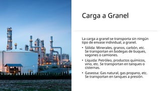 Carga a Granel
La carga a granel se transporta sin ningún
tipo de envase individual, a granel.
• Sólida: Minerales, granos, carbón, etc.
Se transportan en bodegas de buques,
vagones o camiones.
• Líquida: Petróleo, productos químicos,
vino, etc. Se transportan en tanques o
cisternas.
• Gaseosa: Gas natural, gas propano, etc.
Se transportan en tanques a presión.
 