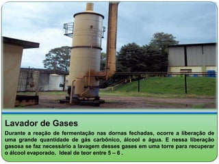 Lavador de Gases
Durante a reação de fermentação nas dornas fechadas, ocorre a liberação de
uma grande quantidade de gás carbônico, álcool e água. E nessa liberação
gasosa se faz necessário a lavagem desses gases em uma torre para recuperar
o álcool evaporado. Ideal de teor entre 5 – 6 .
 