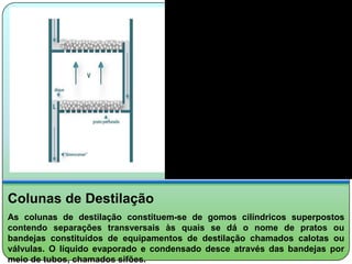 Colunas de Destilação
As colunas de destilação constituem-se de gomos cilíndricos superpostos
contendo separações transversais às quais se dá o nome de pratos ou
bandejas constituídos de equipamentos de destilação chamados calotas ou
válvulas. O líquido evaporado e condensado desce através das bandejas por
meio de tubos, chamados sifões.
 