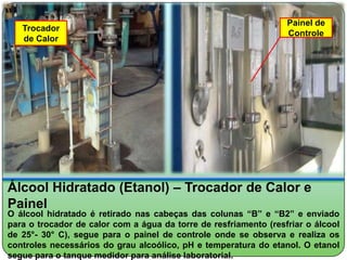 Painel de
   Trocador
                                                                  Controle
   de Calor




Álcool Hidratado (Etanol) – Trocador de Calor e
Painel
O álcool hidratado é retirado nas cabeças das colunas “B” e “B2” e enviado
para o trocador de calor com a água da torre de resfriamento (resfriar o álcool
de 25°- 30° C), segue para o painel de controle onde se observa e realiza os
controles necessários do grau alcoólico, pH e temperatura do etanol. O etanol
segue para o tanque medidor para análise laboratorial.
 
