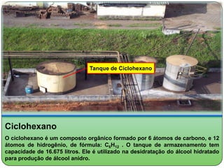 Tanque de Ciclohexano




Ciclohexano
O ciclohexano é um composto orgânico formado por 6 átomos de carbono, e 12
átomos de hidrogênio, de fórmula: C6H12 . O tanque de armazenamento tem
capacidade de 16.675 litros. Ele é utilizado na desidratação do álcool hidratado
para produção de álcool anidro.
 