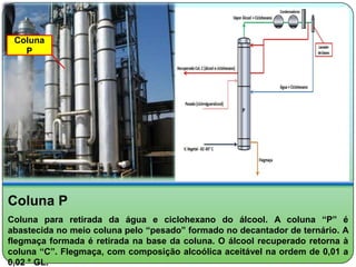 Coluna
   P




Coluna P
Coluna para retirada da água e ciclohexano do álcool. A coluna “P” é
abastecida no meio coluna pelo “pesado” formado no decantador de ternário. A
flegmaça formada é retirada na base da coluna. O álcool recuperado retorna à
coluna “C”. Flegmaça, com composição alcoólica aceitável na ordem de 0,01 a
0,02 ° GL.
 