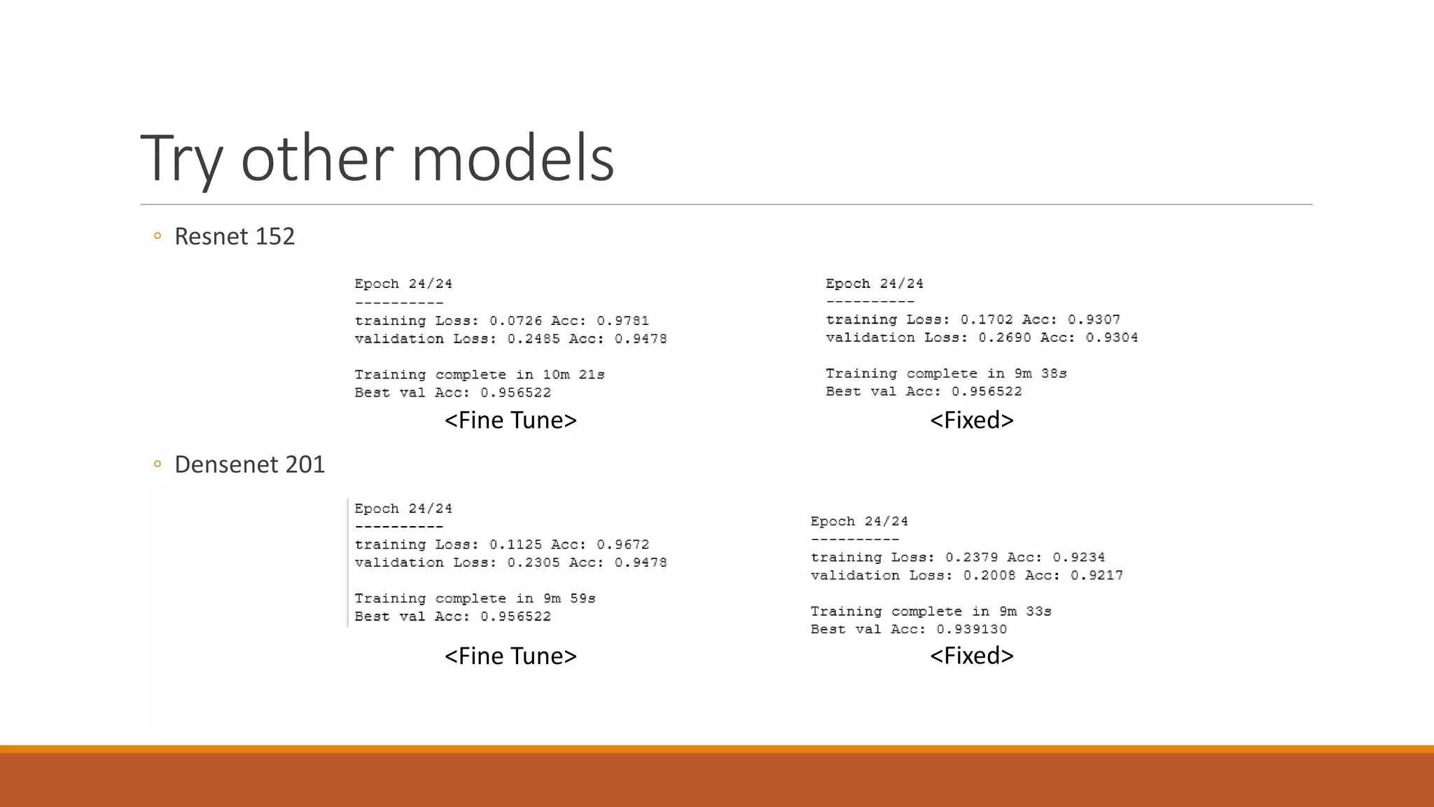 Try other models
◦ Resnet 152
◦ Densenet 201
<Fine Tune> <Fixed>
<Fine Tune> <Fixed>
 