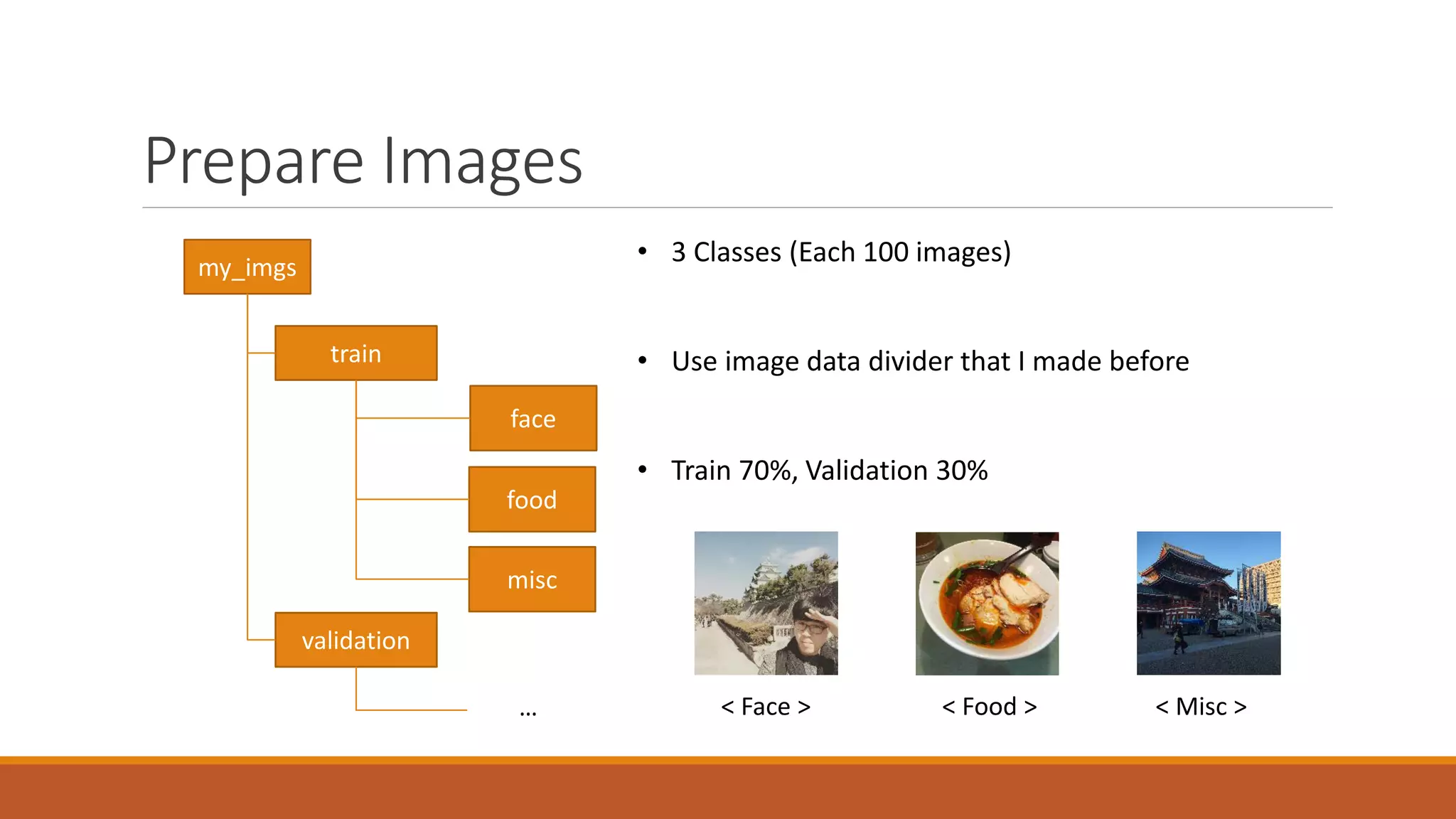 Prepare Images
my_imgs
train
validation
food
face
misc
…
• 3 Classes (Each 100 images)
• Use image data divider that I made before
• Train 70%, Validation 30%
< Face > < Food > < Misc >
 