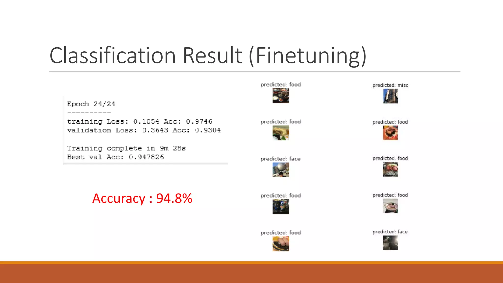 Classification Result (Finetuning)
Accuracy : 94.8%
 
