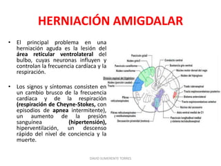 HERNIACIÓN AMIGDALAR
• El principal problema en una
herniación aguda es la lesión del
área reticular ventrolateral del
bulbo, cuyas neuronas influyen y
controlan la frecuencia cardíaca y la
respiración.
• Los signos y síntomas consisten en
un cambio brusco de la frecuencia
cardíaca y de la respiración
(respiración de Cheyne-Stokes, con
episodios de apnea intermitente),
un aumento de la presión
sanguínea (hipertensión),
hiperventilación, un descenso
rápido del nivel de conciencia y la
muerte.
DAVID SUMERENTE TORRES
 