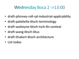 •   draft-phinney-roll-rpl-industrial-applicability
•   draft-palattella-6tsch-terminology
•   draft-watteyne-6tsch-tsch-lln-context
•   draft-wang-6tsch-6tus
•   draft-thubert-6tsch-architecture
•   List todos
 