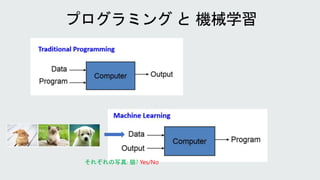 Program = Algorithm
人が書く
タスクの仕様の定義
アルゴリズムは固定
アルゴリズムは容易に説明できる
ソフトウェアが書く
目的: 汎化
アルゴリズムはデータに依存
アルゴリズムは時間とともに変わる
 