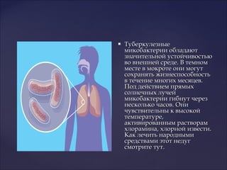  ТуберкулезныеТуберкулезные
микобактерии обладаютмикобактерии обладают
значительной устойчивостьюзначительной устойчивостью
во внешней среде. В темномво внешней среде. В темном
месте в мокроте они могутместе в мокроте они могут
сохранять жизнеспособностьсохранять жизнеспособность
в течение многих месяцев.в течение многих месяцев.
Под действием прямыхПод действием прямых
солнечных лучейсолнечных лучей
микобактерии гибнут черезмикобактерии гибнут через
несколько часов. Онинесколько часов. Они
чувствительны к высокойчувствительны к высокой
температуре,температуре,
активированным растворамактивированным растворам
хлорамина, хлорной извести.хлорамина, хлорной извести.
Как лечить народнымиКак лечить народными
средствами этот недугсредствами этот недуг
смотрите тут.смотрите тут.
 