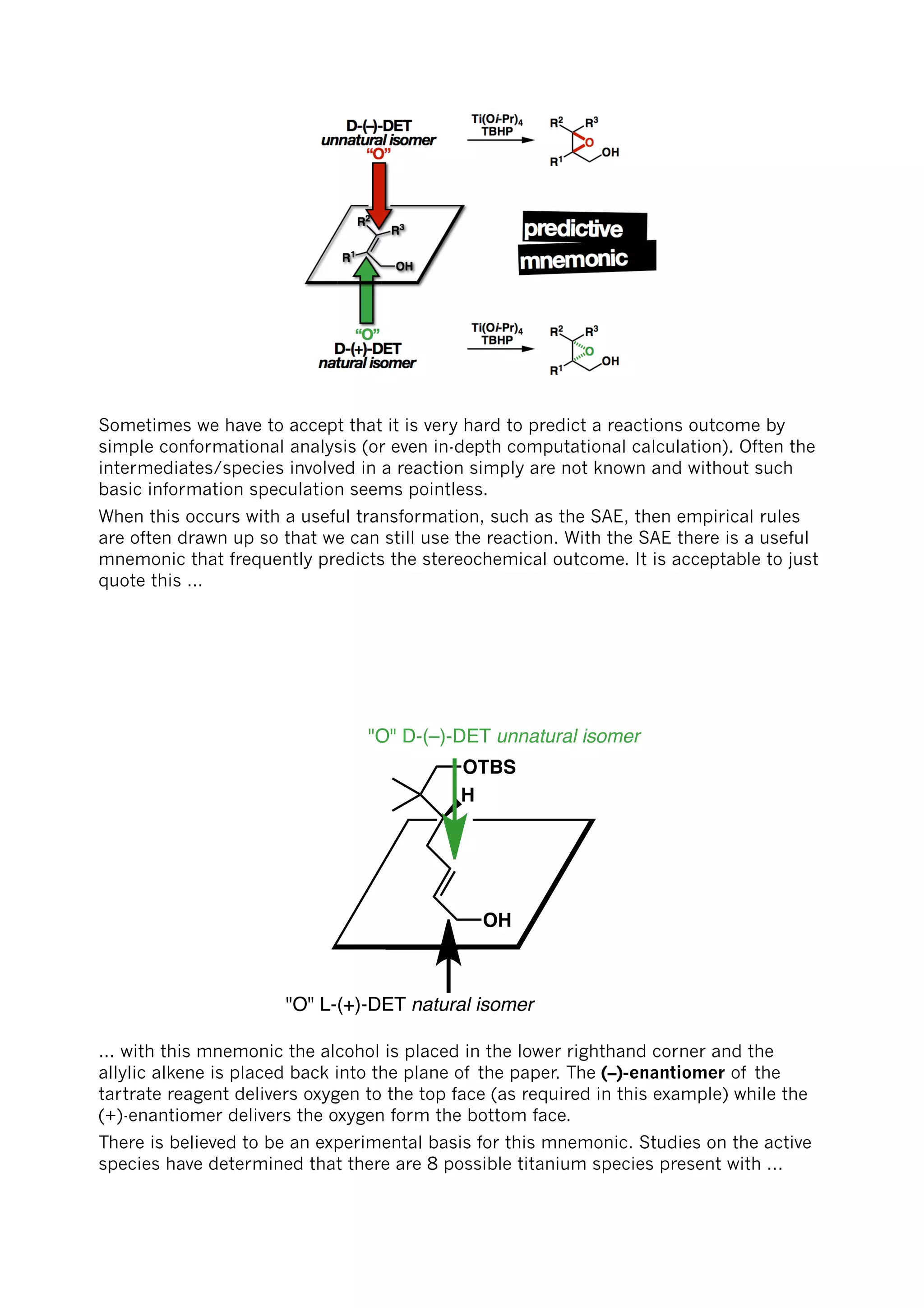 Sometimes we have to accept that it is very hard to predict a reactions outcome by
simple conformational analysis (or even in-depth computational calculation). Often the
intermediates/species involved in a reaction simply are not known and without such
basic information speculation seems pointless.
When this occurs with a useful transformation, such as the SAE, then empirical rules
are often drawn up so that we can still use the reaction. With the SAE there is a useful
mnemonic that frequently predicts the stereochemical outcome. It is acceptable to just
quote this ...
OH
"O" D-(–)-DET unnatural isomer
"O" L-(+)-DET natural isomer
OTBS
H
... with this mnemonic the alcohol is placed in the lower righthand corner and the
allylic alkene is placed back into the plane of the paper. The (–)-enantiomer of the
tartrate reagent delivers oxygen to the top face (as required in this example) while the
(+)-enantiomer delivers the oxygen form the bottom face.
There is believed to be an experimental basis for this mnemonic. Studies on the active
species have determined that there are 8 possible titanium species present with ...
 