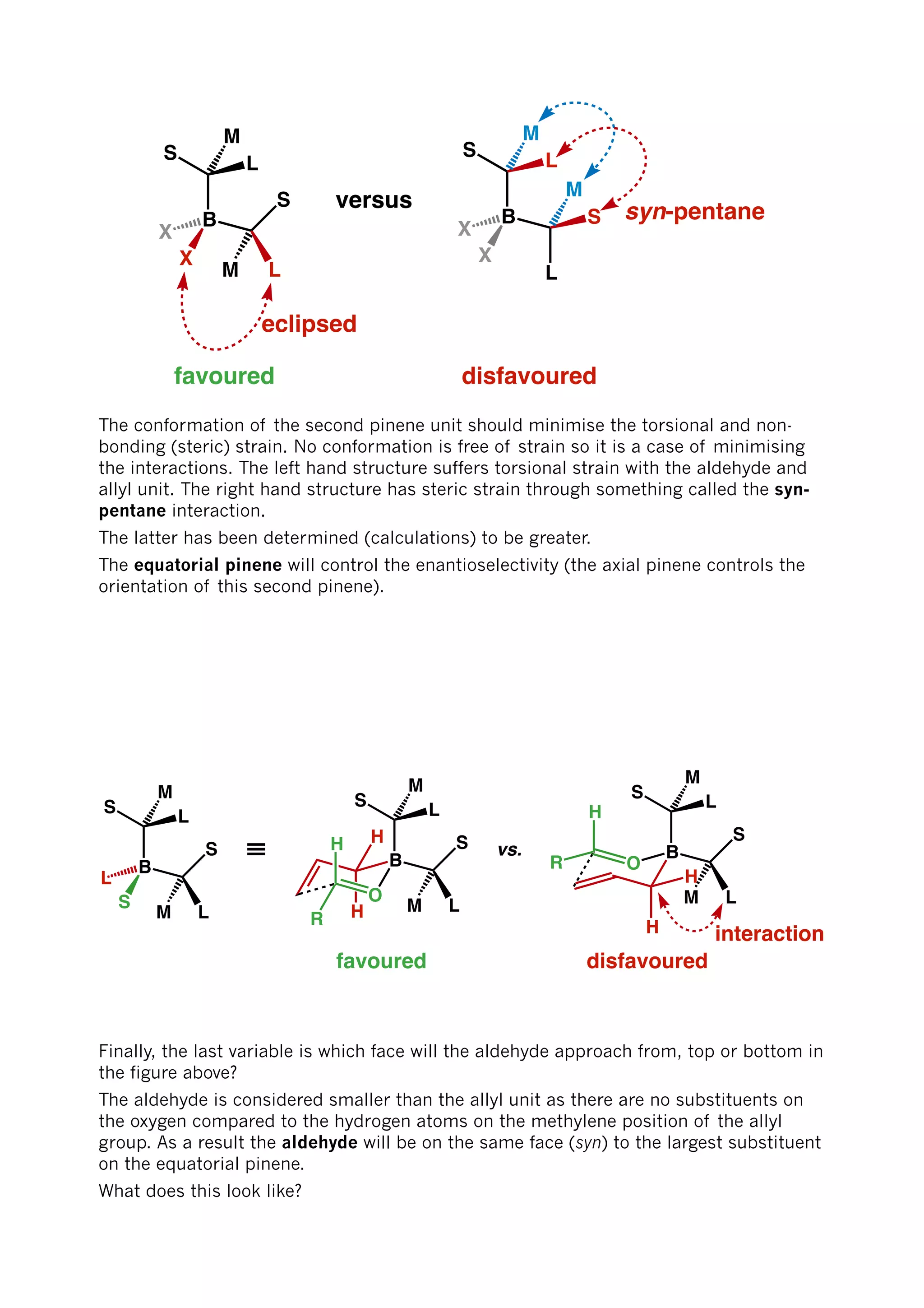 X
B
X
S
L
M
M L
S
eclipsed
favoured
versus
X
B
X
S
L
L
M
S
M
syn-pentane
disfavoured
The conformation of the second pinene unit should minimise the torsional and non-
bonding (steric) strain. No conformation is free of strain so it is a case of minimising
the interactions. The left hand structure suffers torsional strain with the aldehyde and
allyl unit. The right hand structure has steric strain through something called the syn-
pentane interaction.
The latter has been determined (calculations) to be greater.
The equatorial pinene will control the enantioselectivity (the axial pinene controls the
orientation of this second pinene).
H
S
B
L
S
L
M
M L
S ≡
O
B
H
R
S
S
LM
L
M
H
favoured
B
OR
H
H
H
S
L
M
S
LM
interaction
disfavoured
vs.
Finally, the last variable is which face will the aldehyde approach from, top or bottom in
the figure above?
The aldehyde is considered smaller than the allyl unit as there are no substituents on
the oxygen compared to the hydrogen atoms on the methylene position of the allyl
group. As a result the aldehyde will be on the same face (syn) to the largest substituent
on the equatorial pinene.
What does this look like?
 