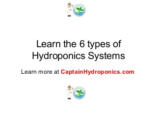 Learn the 6 types of
Hydroponics Systems
Learn more at CaptainHydroponics.com
 