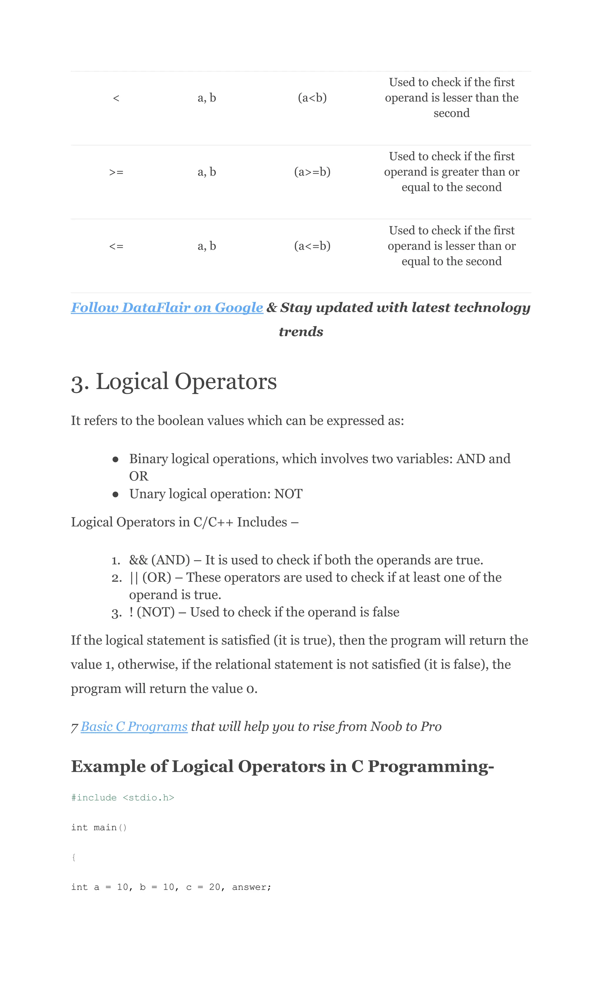 < a, b (a<b)
Used to check if the first
operand is lesser than the
second
>= a, b (a>=b)
Used to check if the first
operand is greater than or
equal to the second
<= a, b (a<=b)
Used to check if the first
operand is lesser than or
equal to the second
Follow DataFlair on Google & Stay updated with latest technology
trends
3. Logical Operators
It refers to the boolean values which can be expressed as:
●​ Binary logical operations, which involves two variables: AND and
OR
●​ Unary logical operation: NOT
Logical Operators in C/C++ Includes –
1.​ && (AND) – It is used to check if both the operands are true.
2.​ || (OR) – These operators are used to check if at least one of the
operand is true.
3.​ ! (NOT) – Used to check if the operand is false
If the logical statement is satisfied (it is true), then the program will return the
value 1, otherwise, if the relational statement is not satisfied (it is false), the
program will return the value 0.
7 Basic C Programs that will help you to rise from Noob to Pro
Example of Logical Operators in C Programming-
#include <stdio.h>
int main()
{
int a = 10, b = 10, c = 20, answer;
 