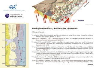 Departamento de
GEOLOGIA
GeoFCUL©2008
Produção científica / Publicações relevantes
(Últimos 10 anos)
Almeida I.M. (2004). Caracterização geológica do esteiro da Baixa. Monumentos: Revista Semestral de
Edifícios e Monumentos, DGEMN, 21: 152-157.
Almeida, I.M. e Almeida, G. (2002) A Utilização de Bases de Dados na Cartografia Geotécnica de Lisboa, 8º
Congresso Nacional de Geotecnia, V.1, pp.55-60.
Almeida I.M., Almeida L.F. (2007). Estudo mineralógico de argamassas antigas: Argamassas romanas de
Lisboa. Pedra & Cal. Revista da Conservação do Património Arquitectónico e da Reabilitação do
Edificado, nº 25: 16-18.
Almeida I.M., Almeida L., Gonçalves J., Lains J., Pinto S., Azerêdo A.C., Cabral J., Cabral M.C., Marques F. (2006).
Levantamentos geológicos no Túnel do Rossio. VII Congresso Nacional de Geologia (Estremoz), Livro de
Resumos, 3: 755-758.
Almeida, I.M., Almeida, G., Lopes, I., Pinto, C. (2008) Subsurface 3D engineering geological mapping using a
geotechnical database Geotechnical and Geophysical Site Characterization Huang & Mayne (eds),
Taylor & Francis Group, London, pp. 789-792.
Almeida, G., Almeida, I.M. e Pinto, M.J. (2002) Levantamento cartográfico das antigas pedreiras do Concelho
de Lisboa 8º Congresso Nacional de Geotecnia, V.1, pp.3-14.
Almeida, I., Marques, F., Almeida, G. e Teves-Costa, P. (1999) Identificação de singularidades geotécnicas em
áreas urbanas, 4º Encontro Nacional de Sismologia e Engenharia, Sísmica 99, Faro, 28-30 Out. 1999,
pp. 213-221.
.
.
(continua)
 