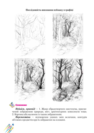 6
Послідовність виконання пейзажу в графіці
Словник
Пейзаж, краєвид — 1. Жанр образотворчого мистецтва, присвя-
чений зображенню природи, міст, архітектурних комплексів тощо.
2. Картина або малюнок із таким зображенням.
Перспектива — відтворення уявних змін величини, контурів
об’ємних предметів при їх зображенні на площині.
 