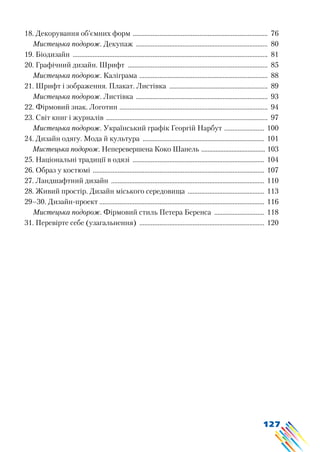 127
18. Декорування об’ємних форм .................................................................................. 76
Мистецька подорож. Декупаж ................................................................................ 80
19. Біодизайн ...................................................................................................................... 81
20. Графічний дизайн. Шрифт ..................................................................................... 85
Мистецька подорож. Каліграма .............................................................................. 88
21. Шрифт і зображення. Плакат. Листівка ............................................................ 89
Мистецька подорож. Листівка ................................................................................ 93
22. Фірмовий знак. Логотип .......................................................................................... 94
23. Світ книг і журналів .................................................................................................. 97
Мистецька подорож. Український графік Георгій Нарбут ......................... 100
24. Дизайн одягу. Мода й культура .......................................................................... 101
Мистецька подорож. Неперевершена Коко Шанель ......................................... 103
25. Національні традиції в одязі ................................................................................ 104
26. Образ у костюмі ........................................................................................................ 107
27. Ландшафтний дизайн ............................................................................................. 110
28. Живий простір. Дизайн міського середовища ............................................... 113
29–30. Дизайн-проект ................................................................................................... 116
Мистецька подорож. Фірмовий стиль Петера Беренса ............................... 118
31. Перевірте себе (узагальнення) ............................................................................ 120
 