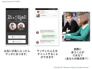 マッチした人とは
チャットすること
ができます
お互いが気に入ったら
マッチにまります。
実際に
会うことが
できる？
(あなたの腕次第？）
Copyright 2017 Masayuki Tadokoro All rights reserved
Startup Science 2017 (前半）
 