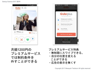 月額1200円の
プレミアムサービス
では制約条件を
外すことができる
プレミアムサービス特典
・無制限にスワイプできる。
・自分の位置を変える
ことができる
・広告の表示を無くす
Copyright 2017 Masayuki Tadokoro All rights reserved
Startup Science 2017 (前半）
 