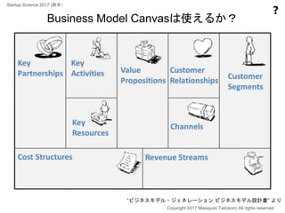 Business Model Canvasは使えるか？
❓
Copyright 2017 Masayuki Tadokoro All rights reserved
“ビジネスモデル・ジェネレーション ビジネスモデル設計書” より
Startup Science 2017 (前半）
 