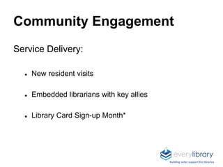 Community Engagement
Service Delivery:
● New resident visits
● Embedded librarians with key allies
● Library Card Sign-up ...