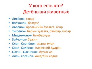 У кого есть кто?
           Детёныши животных
•   Лисёнок- гавар
•   Волчонок- бэлтрэг
•   Львёнок- арслангийн зулзага, асар
•   Тигрёнок- барын зулзага, бамбар, басар
•   Медвежонок- бамбарууш
•   Зайчонок- бүжин
•   Слон- Слонёнок- зааны тугал
•   Осел- Ослёнок- илжигний дудран
•   Олень- Оленёнок- бугын ил
•   Лось- лосёнок- хандгайн ходол
 