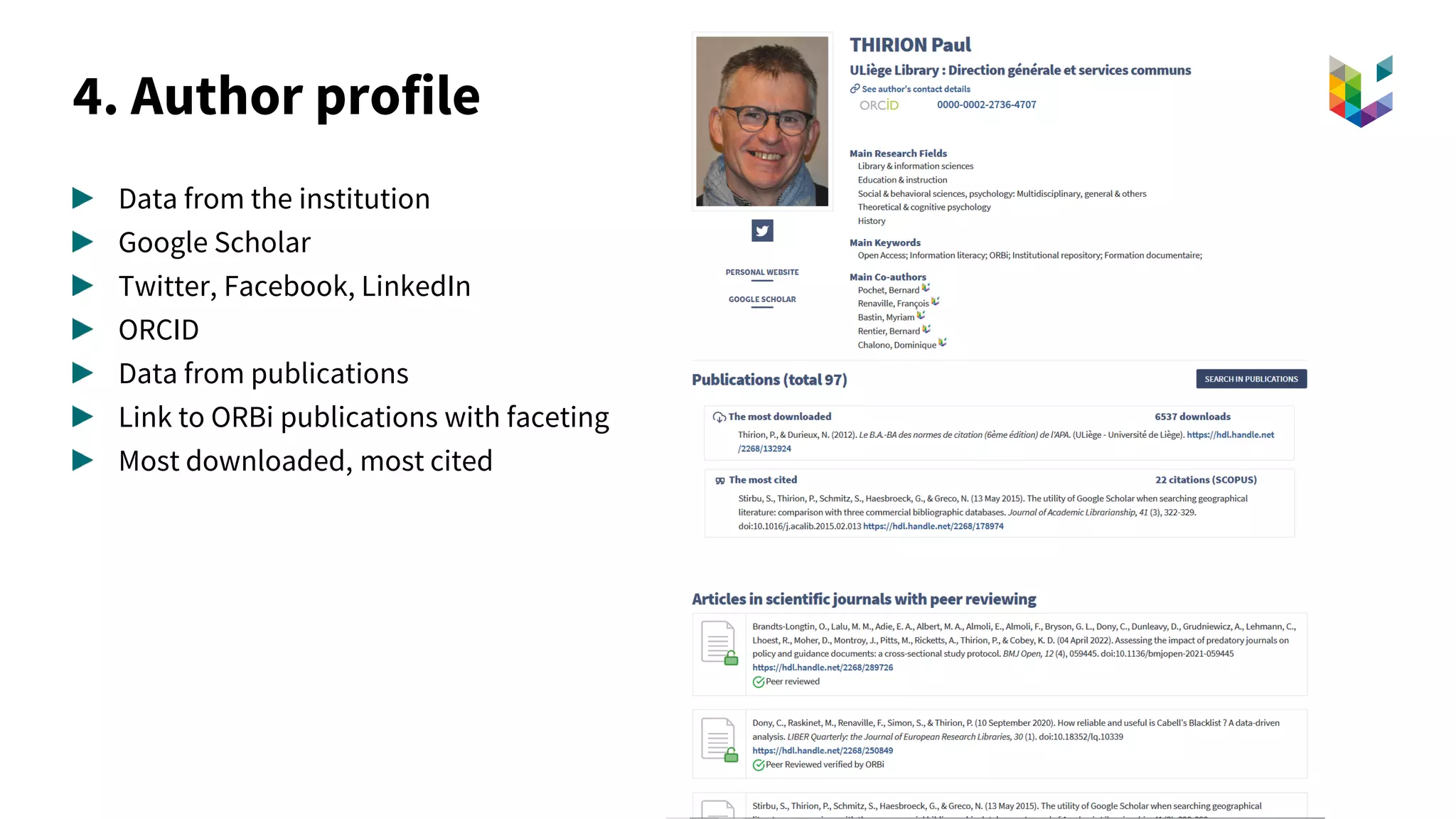 4. Author profile
Data from the institution
Google Scholar
Twitter, Facebook, LinkedIn
ORCID
Data from publications
Link to ORBi publications with faceting
Most downloaded, most cited
 